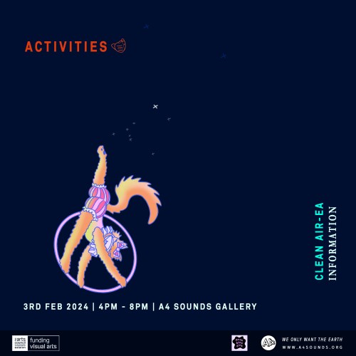 Poster for activity one of the Covid isn't over event. The poster is on a dark navy background like the night sky. A digital handdrawn cat doing circus acrobatics with a hoop is positioned in the bottom left hand side. The cat is wearing balloon shorts and seems to be kicking a star constellation with its foot. There is text on the poster. Along the top the text reads: Activities. Vertically along the right hand side it reads: Clean Air-ea. Information. Along the bottom the test reads: Sat 3rd Feb. 4pm - 8pm. A4 Sounds Gallery.